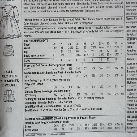 SIMPLICITY SEWING PATTERN 7359 GIRLS & DOLL DAISY KINGDOM DRESS & VEST SZ 3-6 - Picture 2 of 3